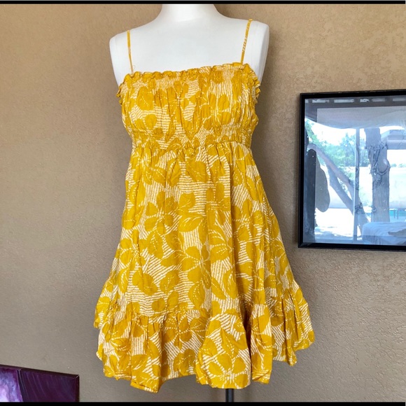 Yellow Gather Ruffle Summer Beach Mini Dress
